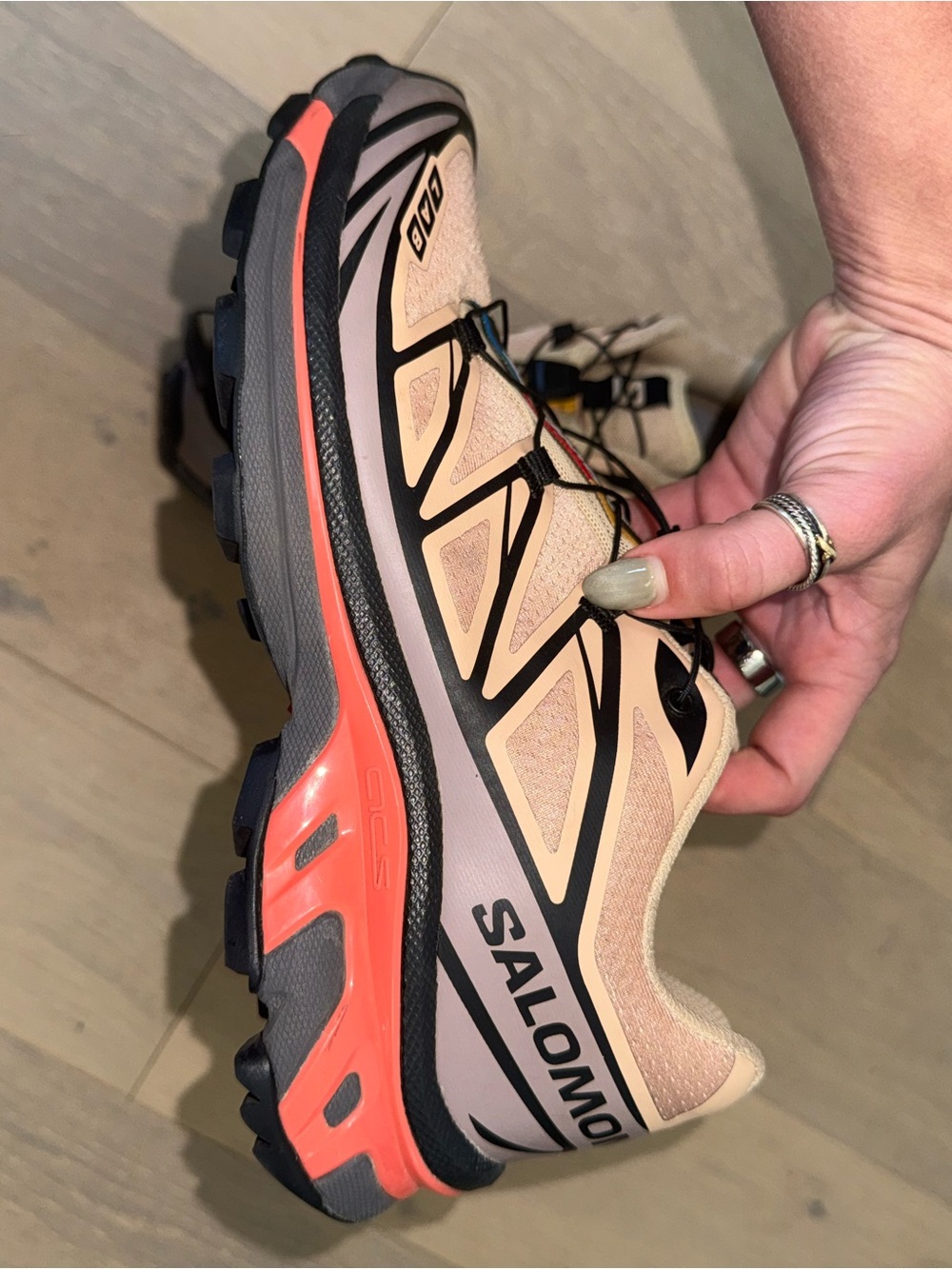 Salomon Women’s XT-6 in Beige with Purple and Coral Accents